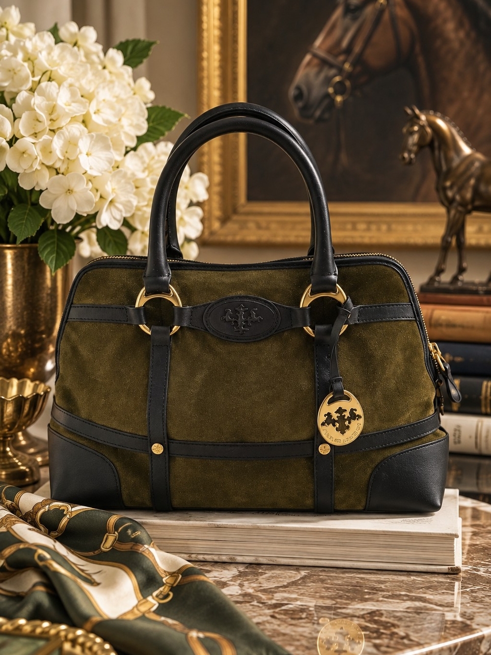 Prix de Dressage Suede Leather Equestrian Satchel Handbag Olive Black